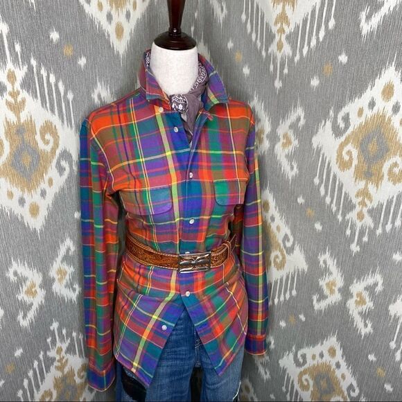 Ralph Lauren Bright Jewel-Tone Check Plaid Cotton Flannel Suede Patch Workshirt - Picture 4 of 16